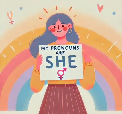 Dall·e 2024 09 15 21.08.57 An Inclusive And Warm Illustration On The Theme 'my Pronouns Are She'. The Image Features A Figure Proudly Holding A Sign That Says 'she' With A Welco