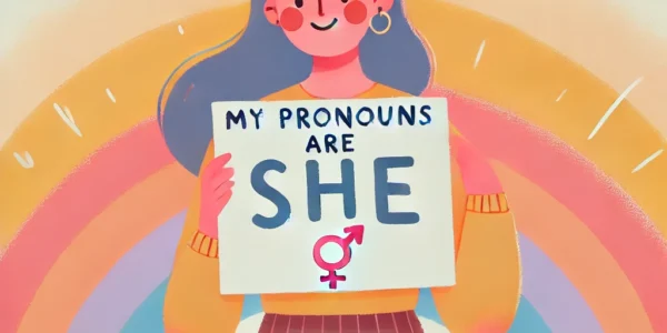 Dall·e 2024 09 15 21.08.57 An Inclusive And Warm Illustration On The Theme 'my Pronouns Are She'. The Image Features A Figure Proudly Holding A Sign That Says 'she' With A Welco