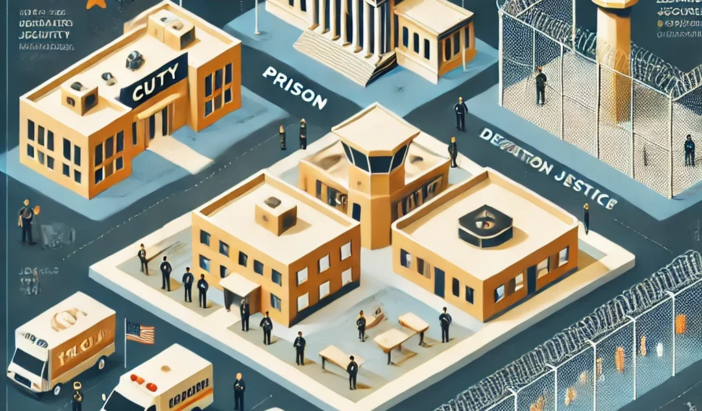 Dall·e 2024 09 15 21.31.36 An Educational Illustration On The Theme 'jail Vs. Prison Vs. Detention Center University Of Phoenix'. The Image Shows A Visual Comparison Of The Th