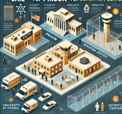 Dall·e 2024 09 15 21.31.36 An Educational Illustration On The Theme 'jail Vs. Prison Vs. Detention Center University Of Phoenix'. The Image Shows A Visual Comparison Of The Th