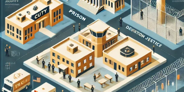 Dall·e 2024 09 15 21.31.36 An Educational Illustration On The Theme 'jail Vs. Prison Vs. Detention Center University Of Phoenix'. The Image Shows A Visual Comparison Of The Th