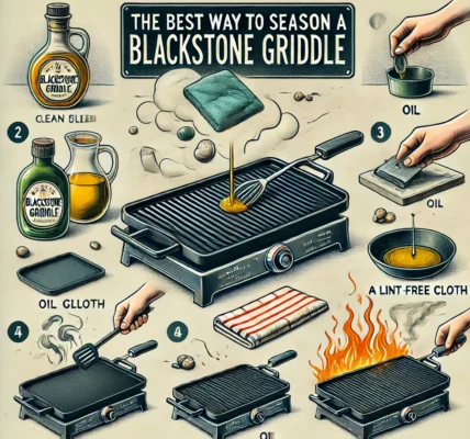 Dall·e 2024 09 15 21.50.49 An Illustration On The Theme 'the Best Way To Season A Blackstone Griddle'. The Image Shows A Step By Step Process Of Seasoning A Griddle, With A Clea