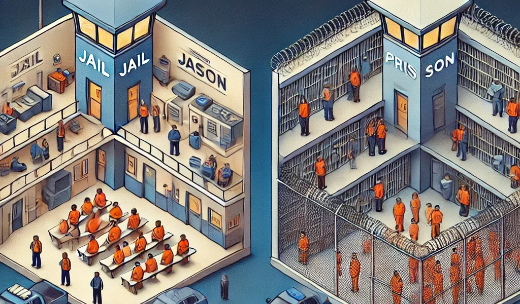 Dall·e 2024 09 16 22.00.35 A Visual Comparison Between Jail And Prison. The Image Should Depict Two Separate Facilities Side By Side, With 'jail' On One Side And 'prison' On The