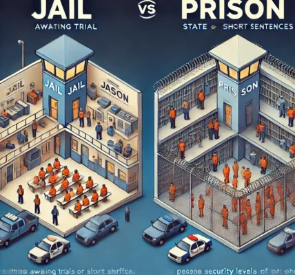 Dall·e 2024 09 16 22.00.35 A Visual Comparison Between Jail And Prison. The Image Should Depict Two Separate Facilities Side By Side, With 'jail' On One Side And 'prison' On The