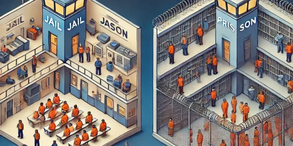 Dall·e 2024 09 16 22.00.35 A Visual Comparison Between Jail And Prison. The Image Should Depict Two Separate Facilities Side By Side, With 'jail' On One Side And 'prison' On The