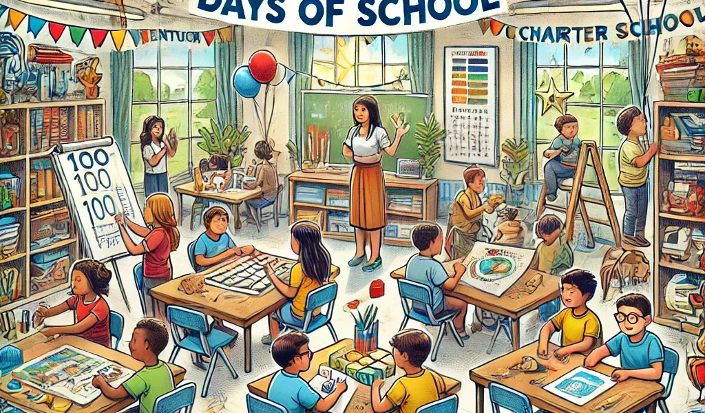 Dall·e 2024 09 16 22.02.38 An Illustration Celebrating The 100th Day Of School, Specifically For The Kentucky Public Charter Schools Association. The Image Should Show A Lively