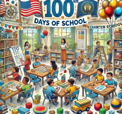 Dall·e 2024 09 16 22.02.38 An Illustration Celebrating The 100th Day Of School, Specifically For The Kentucky Public Charter Schools Association. The Image Should Show A Lively