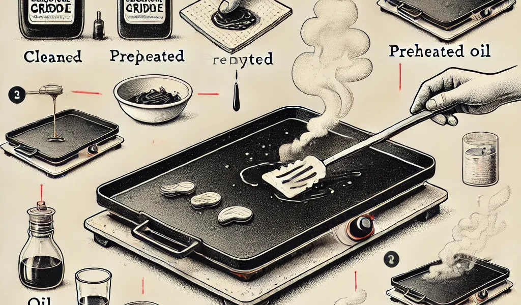 Dall·e 2024 09 16 22.04.55 An Illustration Depicting The Process Of Seasoning A Blackstone Griddle. The Image Shows A Griddle Being Cleaned, Preheated, And Oiled In Stages. The