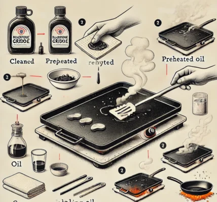 Dall·e 2024 09 16 22.04.55 An Illustration Depicting The Process Of Seasoning A Blackstone Griddle. The Image Shows A Griddle Being Cleaned, Preheated, And Oiled In Stages. The