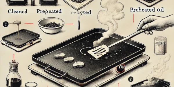 Dall·e 2024 09 16 22.04.55 An Illustration Depicting The Process Of Seasoning A Blackstone Griddle. The Image Shows A Griddle Being Cleaned, Preheated, And Oiled In Stages. The