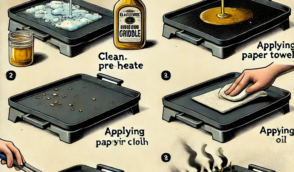 Dall·e 2024 09 16 22.07.31 An Illustration Showing The Step By Step Process Of Seasoning A Brand New Blackstone Griddle For The First Time. The Image Should Depict Cleaning The