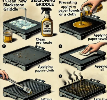 Dall·e 2024 09 16 22.07.31 An Illustration Showing The Step By Step Process Of Seasoning A Brand New Blackstone Griddle For The First Time. The Image Should Depict Cleaning The