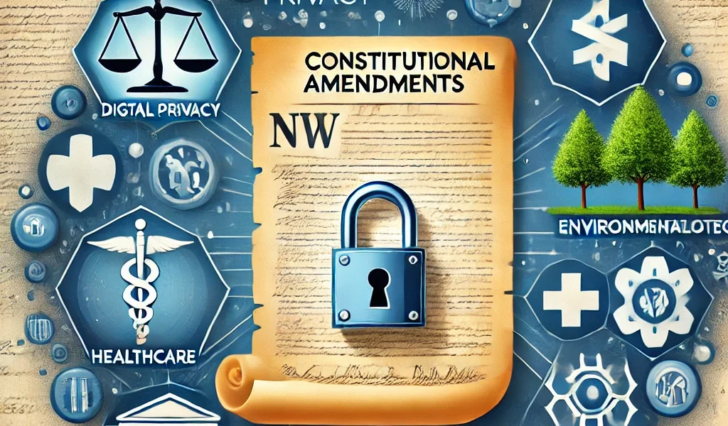 Dall·e 2024 09 16 22.14.57 An Illustration Representing New Ideas For Constitutional Amendments, Showing A Symbolic Constitution Document With Various Modern Elements Around It,