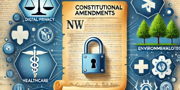 Dall·e 2024 09 16 22.14.57 An Illustration Representing New Ideas For Constitutional Amendments, Showing A Symbolic Constitution Document With Various Modern Elements Around It,