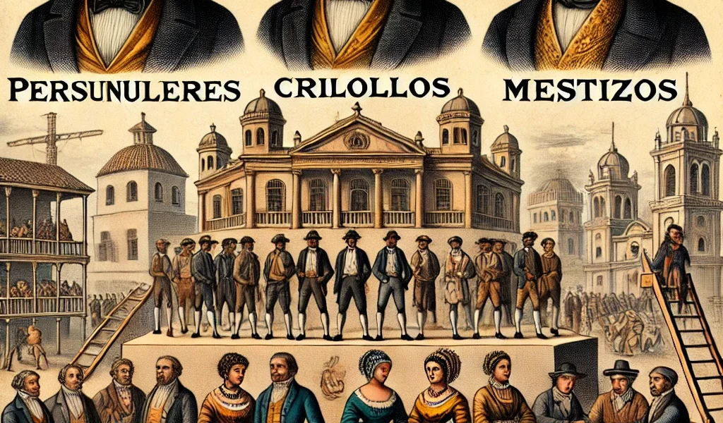 Dall·e 2024 09 16 22.17.27 An Illustration Depicting The Social Hierarchy In Colonial Latin America, Focusing On Peninsulares, Criollos, And Mestizos. The Image Should Show Thre