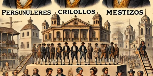 Dall·e 2024 09 16 22.17.27 An Illustration Depicting The Social Hierarchy In Colonial Latin America, Focusing On Peninsulares, Criollos, And Mestizos. The Image Should Show Thre