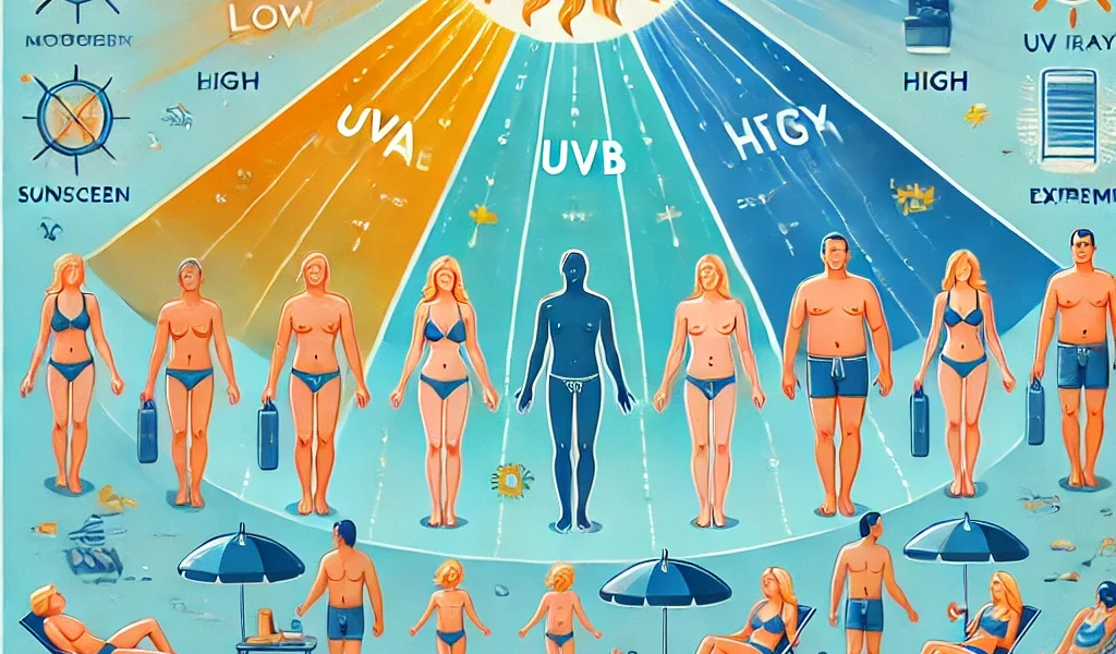 Dall·e 2024 09 16 22.25.58 A Detailed Educational Illustration Showing The Relationship Between The Uv Index And Tanning. The Image Should Depict A Sun With Rays Representing Di