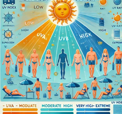 Dall·e 2024 09 16 22.25.58 A Detailed Educational Illustration Showing The Relationship Between The Uv Index And Tanning. The Image Should Depict A Sun With Rays Representing Di