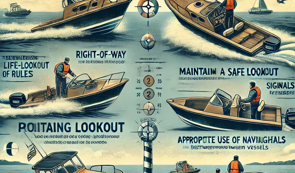 Dall·e 2024 09 16 22.29.42 An Educational Illustration Showing Key Strategies To Avoid Boat Collisions. The Image Should Depict Two Boats Navigating In Different Scenarios One