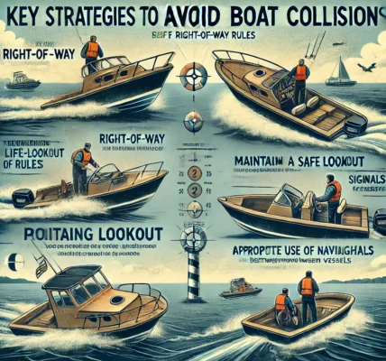 Dall·e 2024 09 16 22.29.42 An Educational Illustration Showing Key Strategies To Avoid Boat Collisions. The Image Should Depict Two Boats Navigating In Different Scenarios One