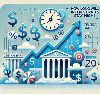 Dall·e 2024 09 16 22.32.39 An Illustration Representing The Topic 'how Long Will Interest Rates Stay High ' Showing An Abstract Image Of A Rising Interest Rate Graph, With Symbo