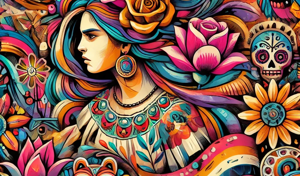 Dall·e 2024 09 16 22.35.47 A Vibrant Artistic Illustration Inspired By The Legacy Of A Famous Female Mexican Artist. The Image Should Depict A Figure In Colorful Traditional Clo