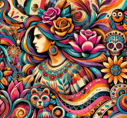 Dall·e 2024 09 16 22.35.47 A Vibrant Artistic Illustration Inspired By The Legacy Of A Famous Female Mexican Artist. The Image Should Depict A Figure In Colorful Traditional Clo