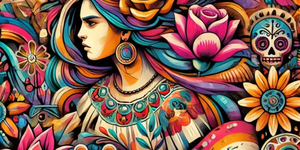 Dall·e 2024 09 16 22.35.47 A Vibrant Artistic Illustration Inspired By The Legacy Of A Famous Female Mexican Artist. The Image Should Depict A Figure In Colorful Traditional Clo