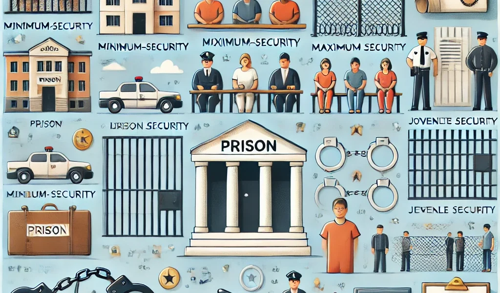 Dall·e 2024 09 16 22.38.15 An Educational Illustration Representing The Topic 'prison Definition, Examples, Cases, Types, And Processes.' The Image Should Depict Various Types