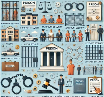 Dall·e 2024 09 16 22.38.15 An Educational Illustration Representing The Topic 'prison Definition, Examples, Cases, Types, And Processes.' The Image Should Depict Various Types