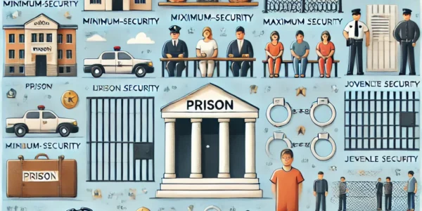 Dall·e 2024 09 16 22.38.15 An Educational Illustration Representing The Topic 'prison Definition, Examples, Cases, Types, And Processes.' The Image Should Depict Various Types