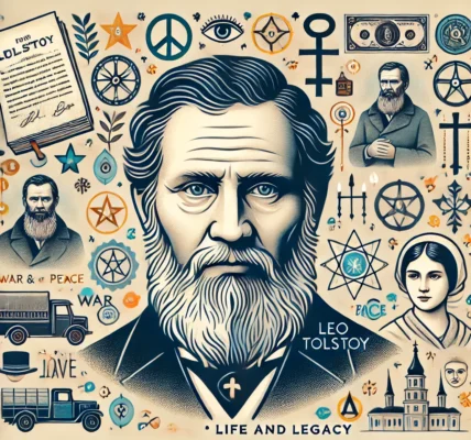 Dall·e 2024 09 16 22.49.33 An Illustration Representing 'leo Tolstoy The Life And Legacy.' The Image Should Depict A Portrait Of Leo Tolstoy In His Later Years, With Elements R