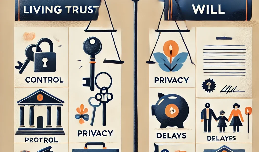 Dall·e 2024 09 16 22.52.02 An Educational Illustration Depicting The Theme 'living Trust Vs. Will What's The Difference ' The Image Should Feature A Balanced Comparison Between