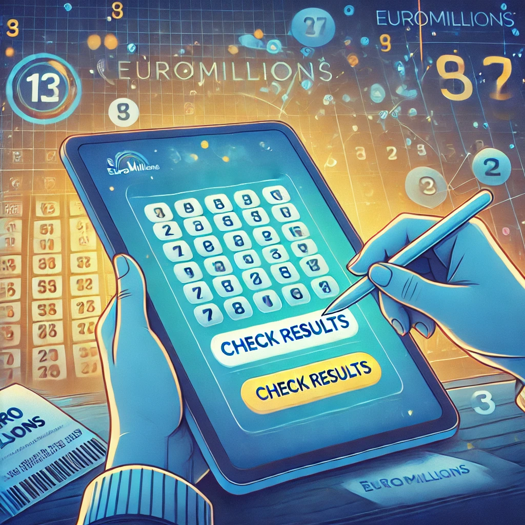 Dall·e 2024 09 16 23.01.11 A Vibrant Illustration Showing A Person Using A Tablet Or Laptop To Check Their Euromillions Numbers. The Screen Displays A Grid Of Numbers With A 'ch