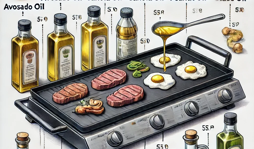 Dall·e 2024 09 22 20.22.31 A Detailed Illustration Showing Various Cooking Oils In Bottles Next To A Blackstone Griddle. The Griddle Is Heated And Cooking A Variety Of Food Item