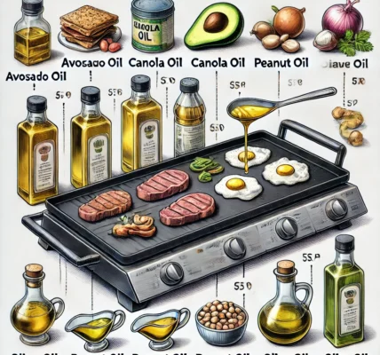 Dall·e 2024 09 22 20.22.31 A Detailed Illustration Showing Various Cooking Oils In Bottles Next To A Blackstone Griddle. The Griddle Is Heated And Cooking A Variety Of Food Item