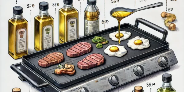 Dall·e 2024 09 22 20.22.31 A Detailed Illustration Showing Various Cooking Oils In Bottles Next To A Blackstone Griddle. The Griddle Is Heated And Cooking A Variety Of Food Item