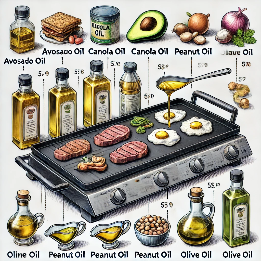 Dall·e 2024 09 22 20.22.31 A Detailed Illustration Showing Various Cooking Oils In Bottles Next To A Blackstone Griddle. The Griddle Is Heated And Cooking A Variety Of Food Item