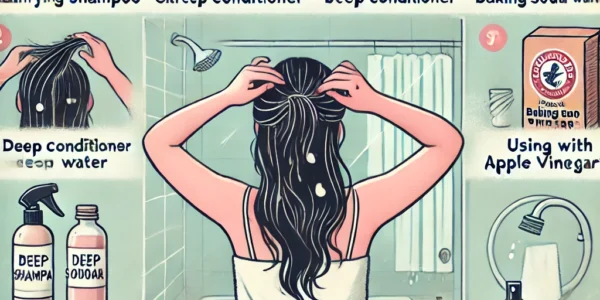 Dall·e 2024 09 22 20.46.57 A Detailed Illustration Showing A Person Treating Their Burnt Hair With Various Remedies. The Image Features 7 Different Methods For Getting Rid Of Th