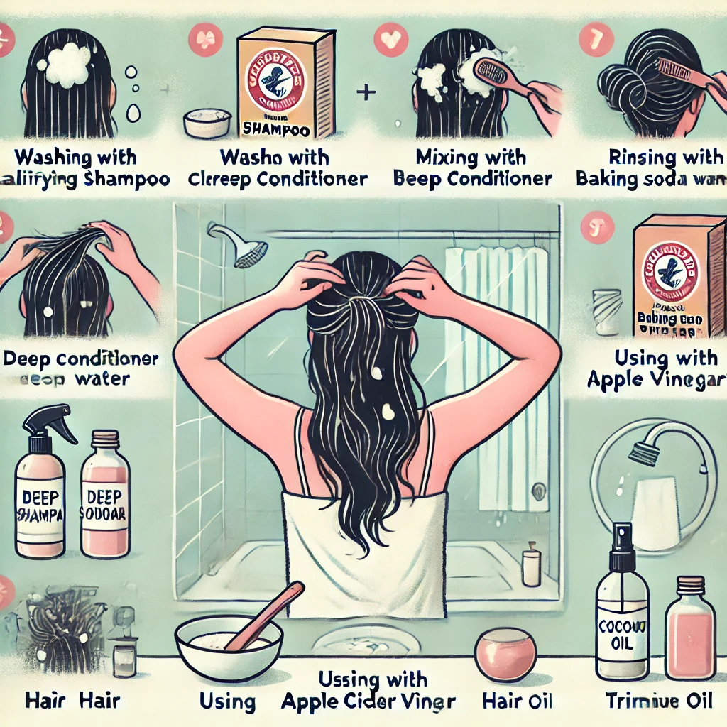 Dall·e 2024 09 22 20.46.57 A Detailed Illustration Showing A Person Treating Their Burnt Hair With Various Remedies. The Image Features 7 Different Methods For Getting Rid Of Th