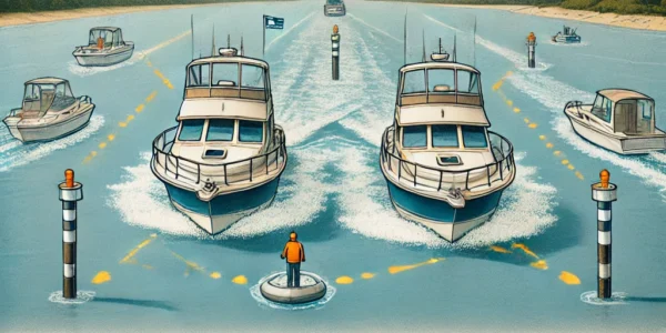 Dall·e 2024 09 22 20.50.31 A Detailed Illustration Showing Two Boats Navigating On A Waterway, Demonstrating Actions To Avoid Collision. One Boat Is Clearly Giving Way By Turnin