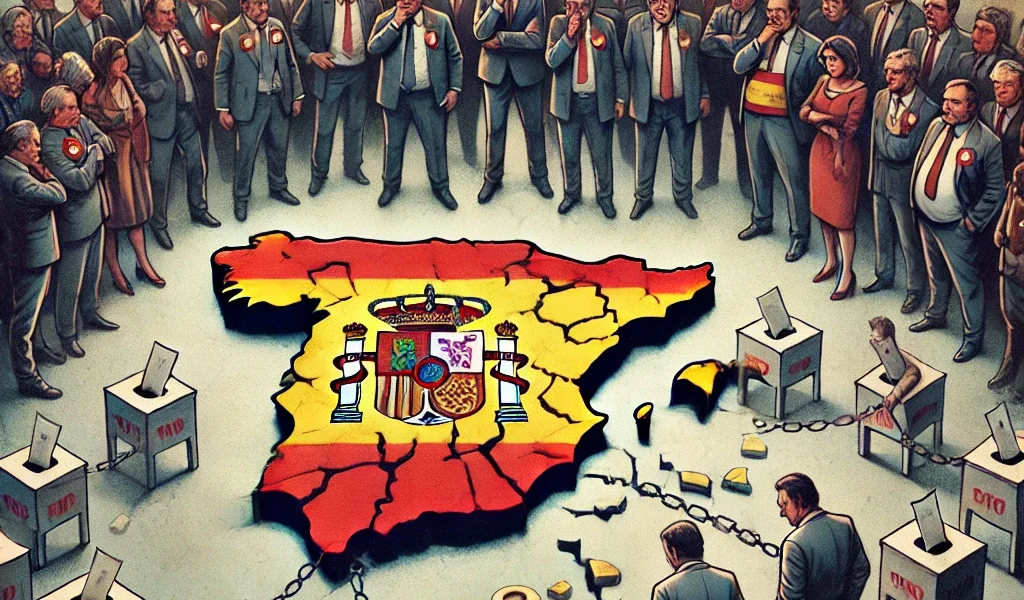 Dall·e 2024 09 22 20.53.28 A Detailed Illustration Representing The Aftermath Of An Inconclusive Election In Spain. The Scene Features Political Leaders From Different Parties S