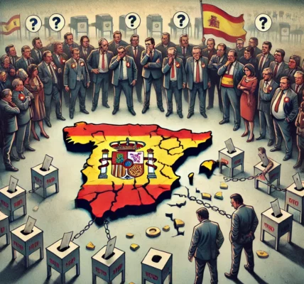 Dall·e 2024 09 22 20.53.28 A Detailed Illustration Representing The Aftermath Of An Inconclusive Election In Spain. The Scene Features Political Leaders From Different Parties S