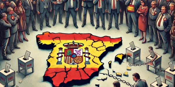 Dall·e 2024 09 22 20.53.28 A Detailed Illustration Representing The Aftermath Of An Inconclusive Election In Spain. The Scene Features Political Leaders From Different Parties S