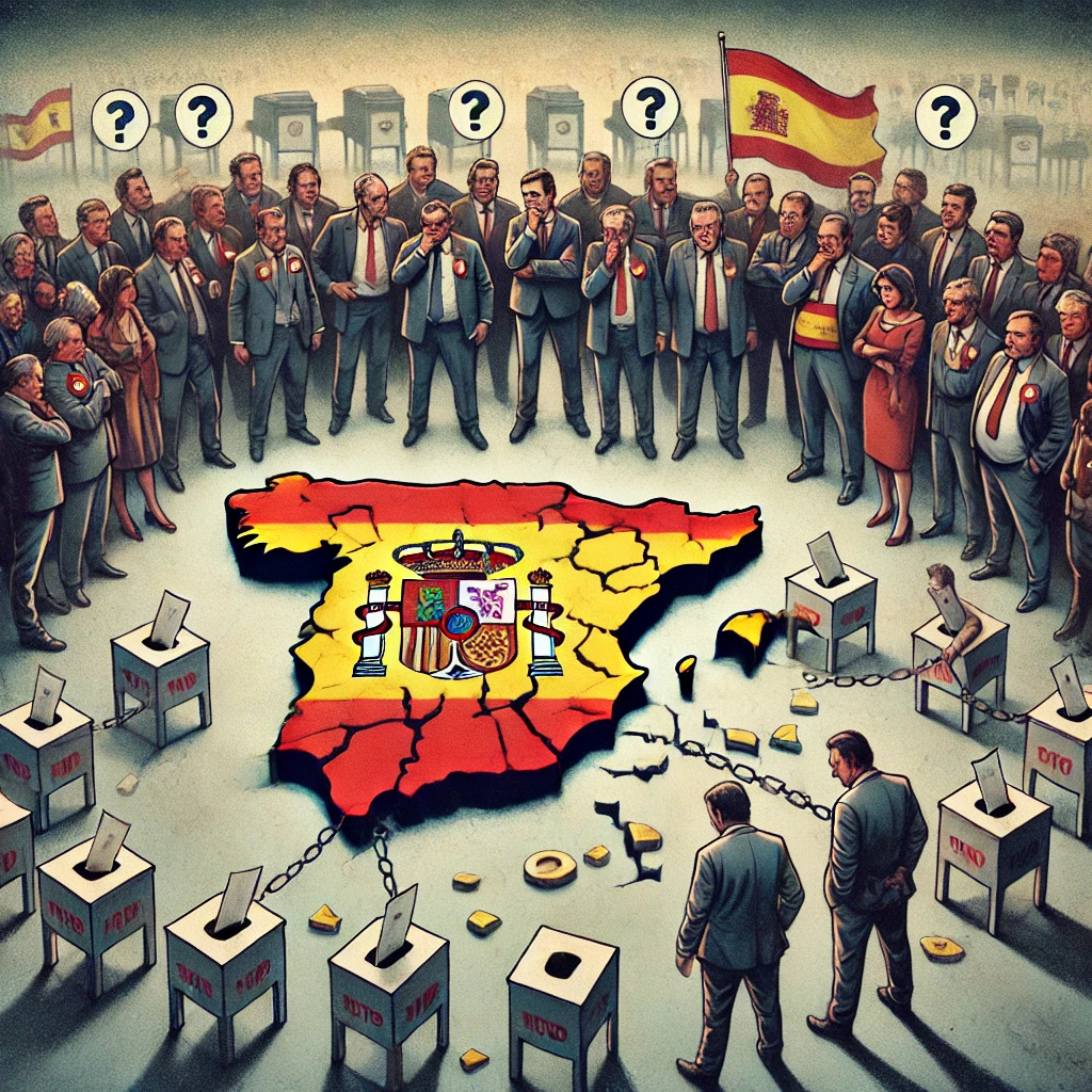 Dall·e 2024 09 22 20.53.28 A Detailed Illustration Representing The Aftermath Of An Inconclusive Election In Spain. The Scene Features Political Leaders From Different Parties S