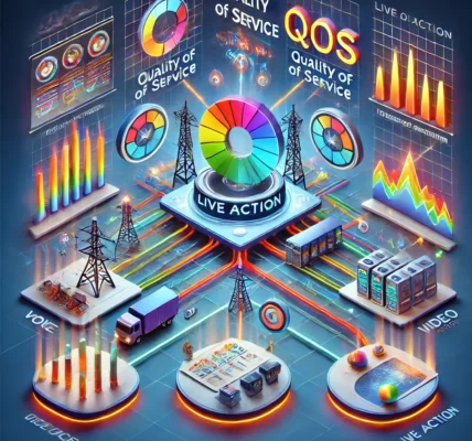 Dall·e 2024 09 22 20.56.41 An Illustration Explaining The Concept Of Quality Of Service (qos) In Networking, With A Focus On Liveaction. The Image Shows A Network Infrastructure