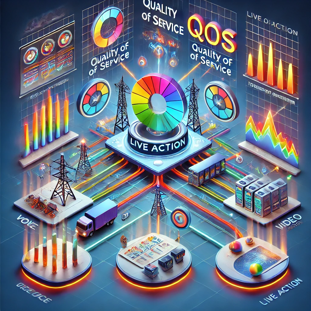 Dall·e 2024 09 22 20.56.41 An Illustration Explaining The Concept Of Quality Of Service (qos) In Networking, With A Focus On Liveaction. The Image Shows A Network Infrastructure