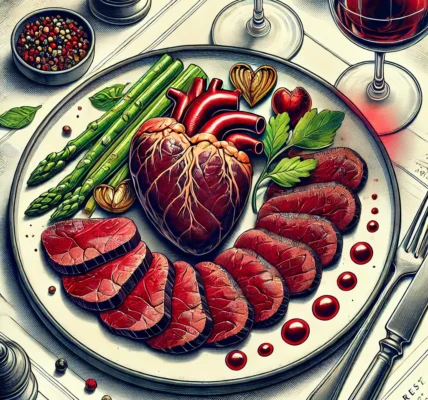 Dall·e 2024 09 22 21.00.46 A Detailed Illustration Showing A Dish Of Grilled Beef Heart Served In A High End Restaurant Setting Like Resto Nyc. The Beef Heart Is Sliced Thinly,