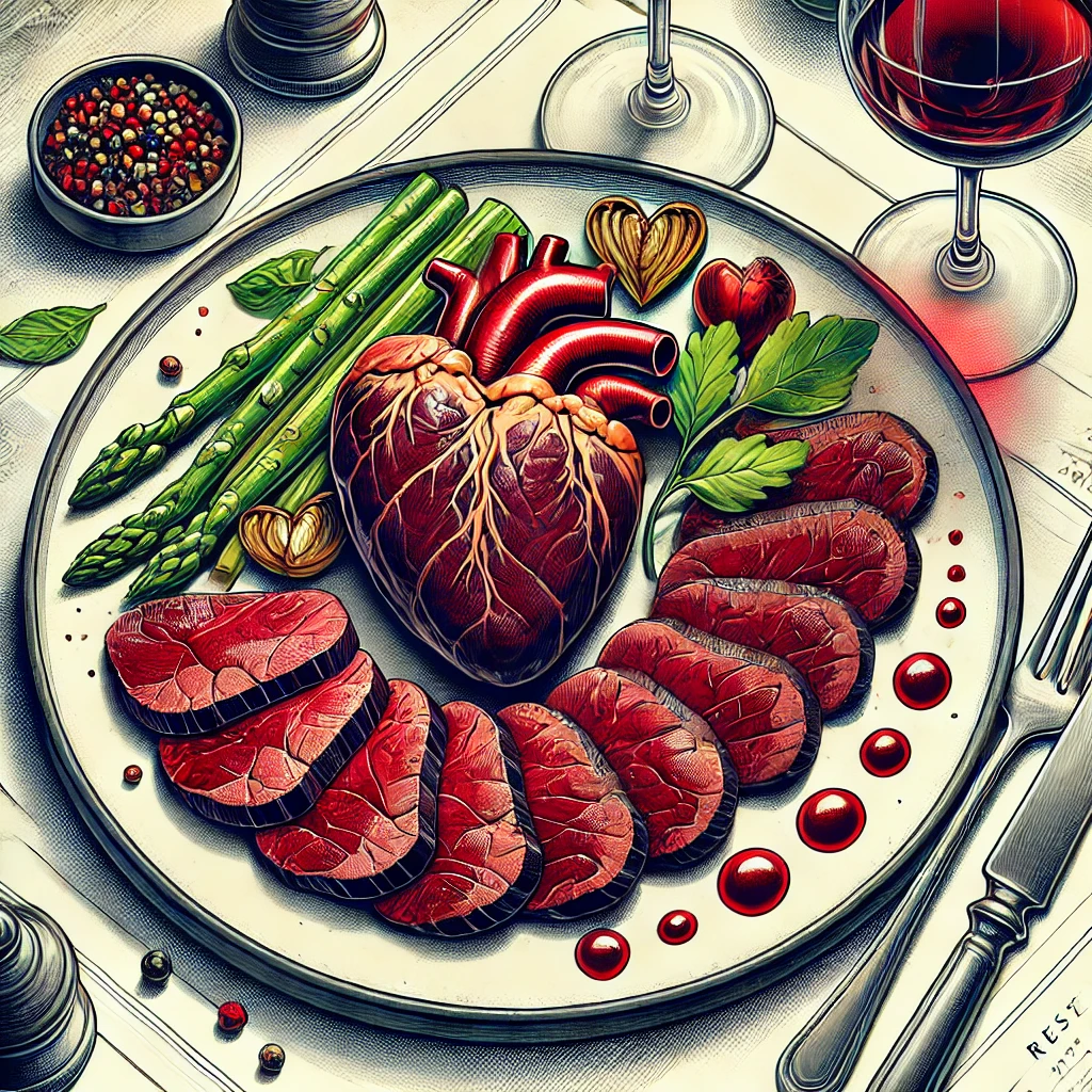 Dall·e 2024 09 22 21.00.46 A Detailed Illustration Showing A Dish Of Grilled Beef Heart Served In A High End Restaurant Setting Like Resto Nyc. The Beef Heart Is Sliced Thinly,