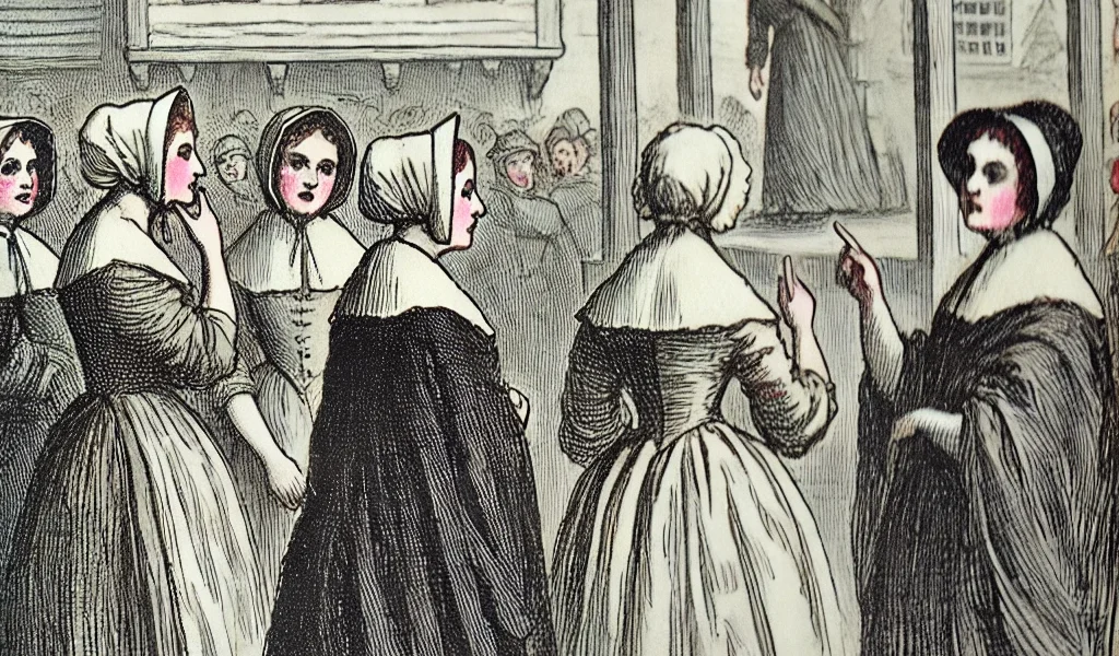 Dall·e 2024 09 22 21.03.45 An Illustration Of A Scene From Chapter 2 Of The Scarlet Letter, Showing A Group Of Puritan Women Standing Together In A Colonial Setting, Discussing